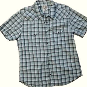 Lucky‎ Brand Mens Short Sleeve Green Plaid Snap Shirt Size Large